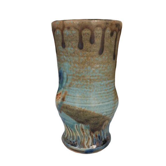 Swanstrom Pottery Cup With Earthy Blue And Brown Drip Glaze - Picture 3 of 7
